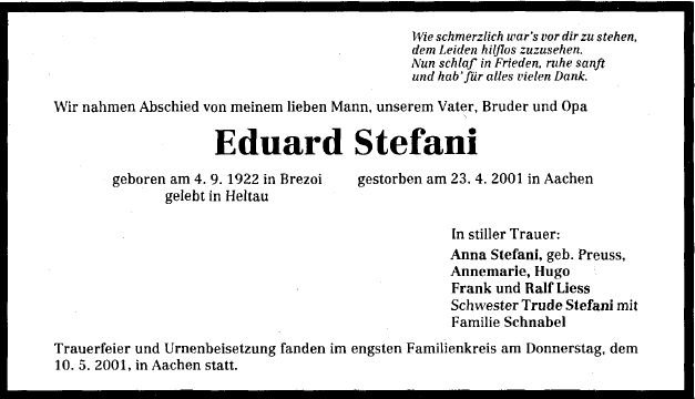 Stefani Eduard 1922-2001 Todesanzeige